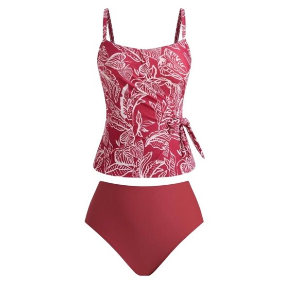 Cupshe Womens 2-Piece Tankini Swimsuit S Red Floral Square Neck Side Tie Cheeky - Picture 4 of 9